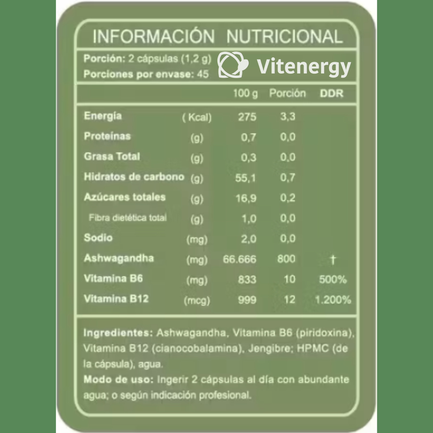SUPLEMENTO ALIMENTICIO VITENERGY ASHWAGANDHA AFRICAN ROOT 90 CÁPSULAS FNL OFERTA - 3