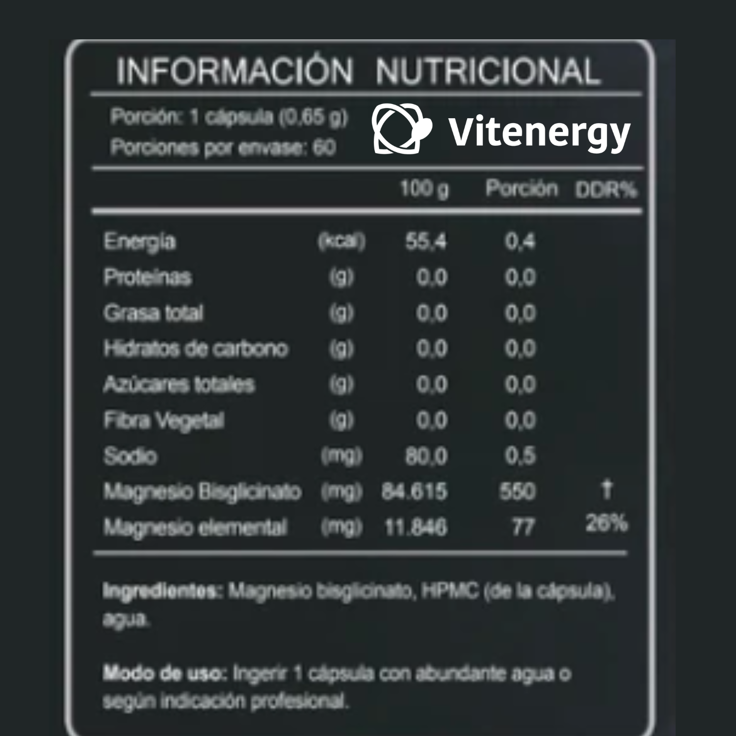 SUPLEMENTO ALIMENTICIO VITENERGY MAGNESIO BISGLICINATO - 180 CÁPSULAS FNL - OFERTA PACK X3 - 3