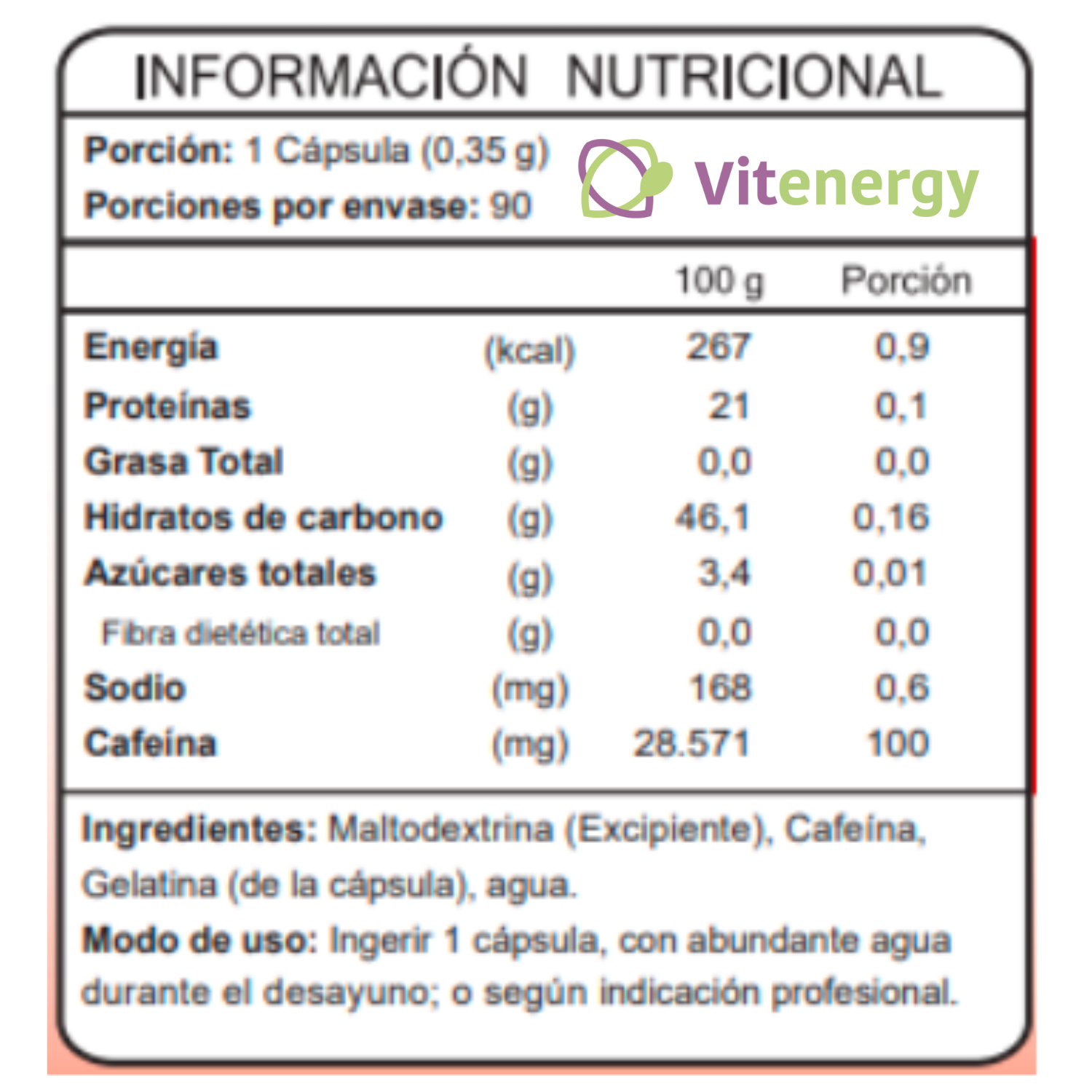SUPLEMENTO ALIMENTICIO VITENERGY CAFEÍNA ANHIDRA - ENERGIZANTE 90 CÁPSULAS FNL - OFERTA PACK X3 - 2