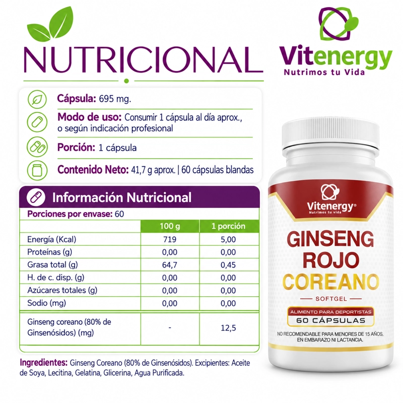 PACK 3 SUPLEMENTO FUENTE VITAL GINSENG ROJO COREANO 720 MG CAPSULA GEL - 5