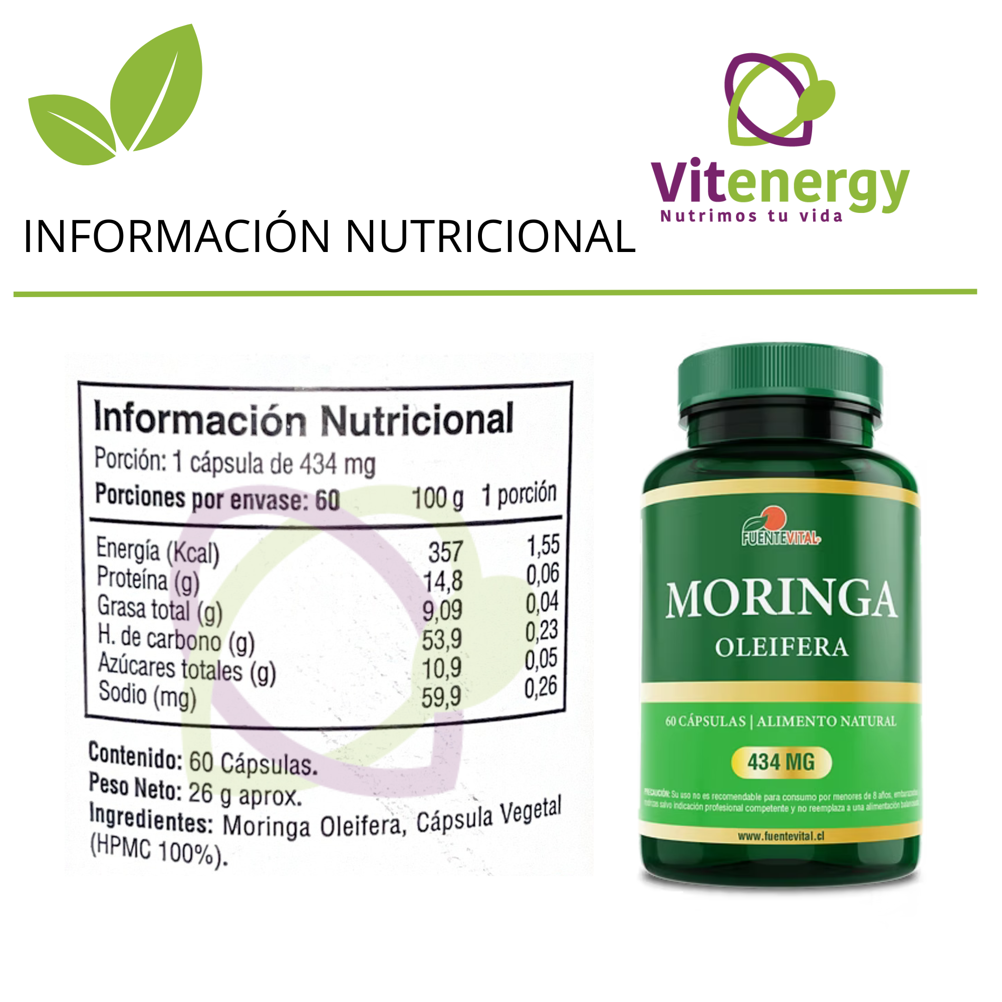MORINGA 100% CÁPSULAS - ANTIOXIDANTE - SALUD NATURAL - ENERGIZANTE PACK X3 - 3