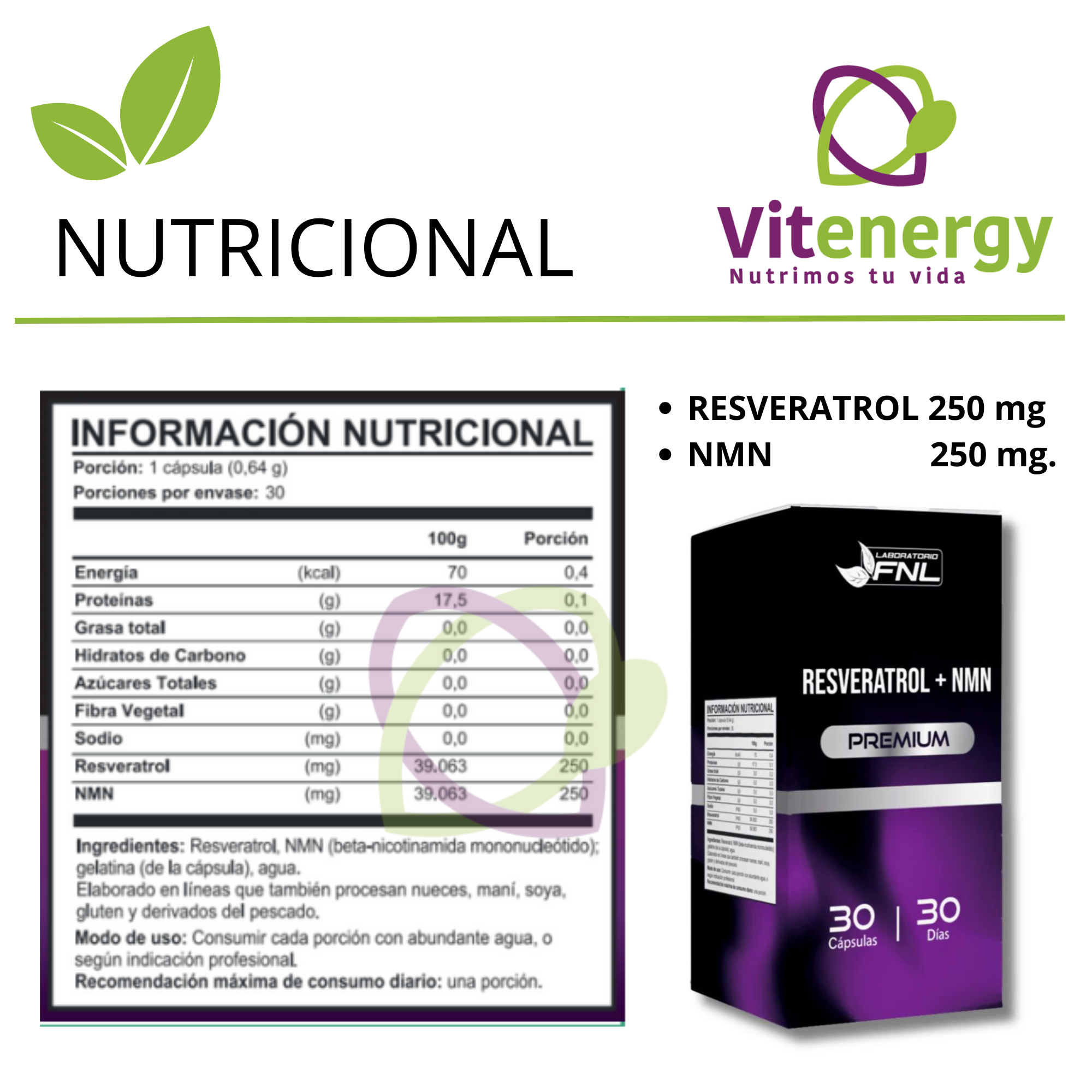 RESVERATROL + NMN NICOTINAMIDA - 500 MG. FNL - ANTIOXIDANTE ANTIEDAD X2 - 3