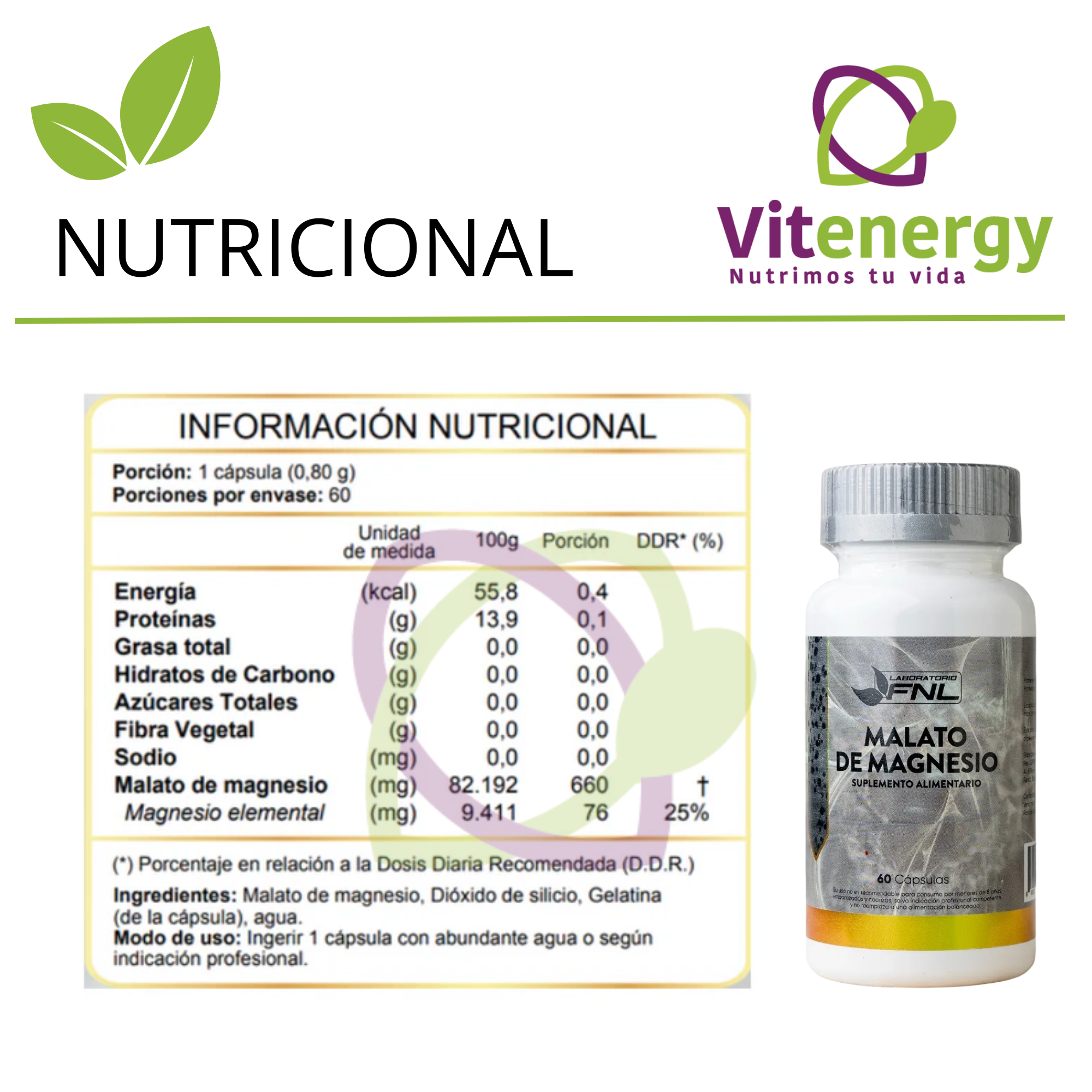 MALATO DE MAGNESIO 660 MG - 60 CAPSULAS FNL - PACK X3 - 3