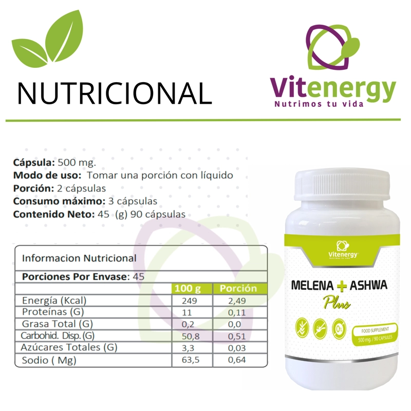 ASHWAGANDHA  + MELENA DE LEON - 90 CAPSULAS - 500 MG - PACK X2 - 5