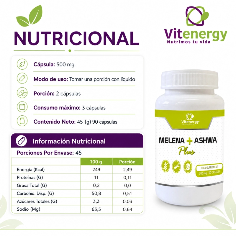 ASHWAGANDHA + MELENA DE LEON + VITAMINAS K2 D3 - PACK VITENERGY - 7