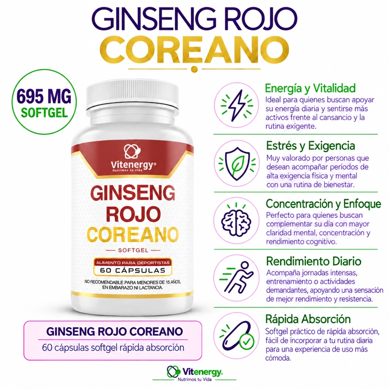 GINSENG ROJO COREANO 695 MG. 60 CAPSULAS SOFTGEL VITENERGY - 2