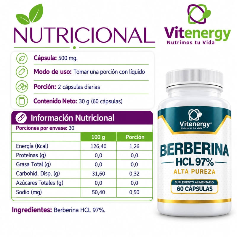 BERBERINA ALTA PUREZA HCL 97%  + BERGAMOTA GLUCOSA Y METABOLISMO - 6