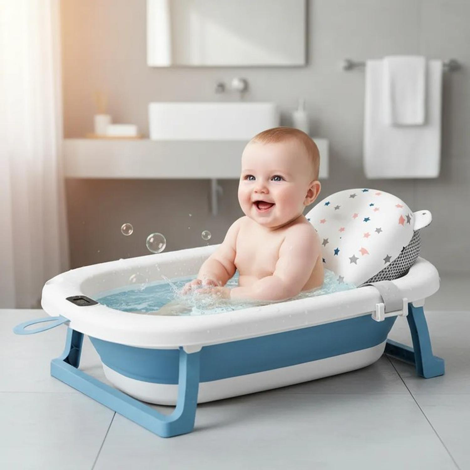 BAÑERA JAGIMA SNBP0061 CELESTE PLEGABLE BEBÉ + MALLA + TERMÓMETRO - 2