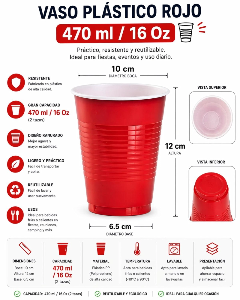 VASO PLASTICO ROJO DESECHABLE FIESTA 470 ML X 100 UDS - 2