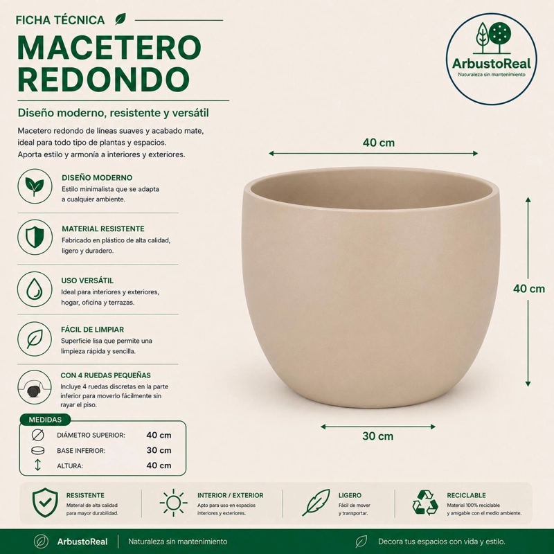 MACETERO NORDICO BEIGE REDONDO L 40 CM 40 X 40 X 30 TAMAÑO TALLA UNICA - 3