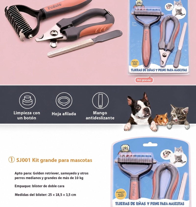 PEINE DESLANADOR PERRO GATO CORTAUÑAS LIMA KIT ASEO - 3