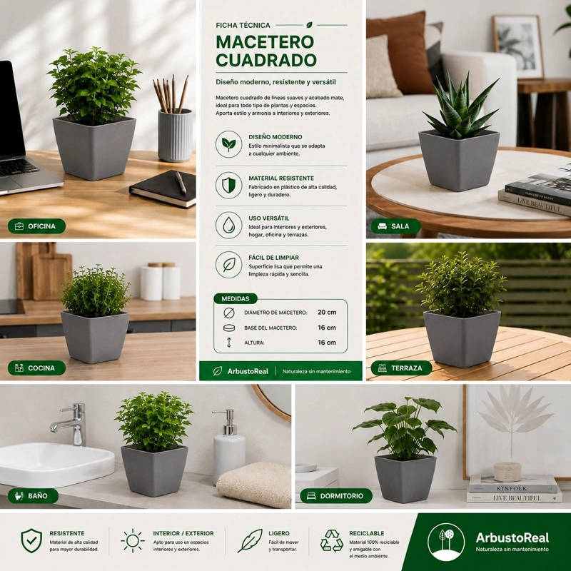 JARDINERA MACETERO CUADRADA PLASTICO 20CM TERRAZA BALCON TAMAÑO TALLA UNICA - 3
