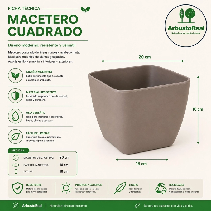 JARDINERA MACETERO CUADRADA PLASTICO 20CM TERRAZA BALCON TAMAÑO TALLA UNICA - 5