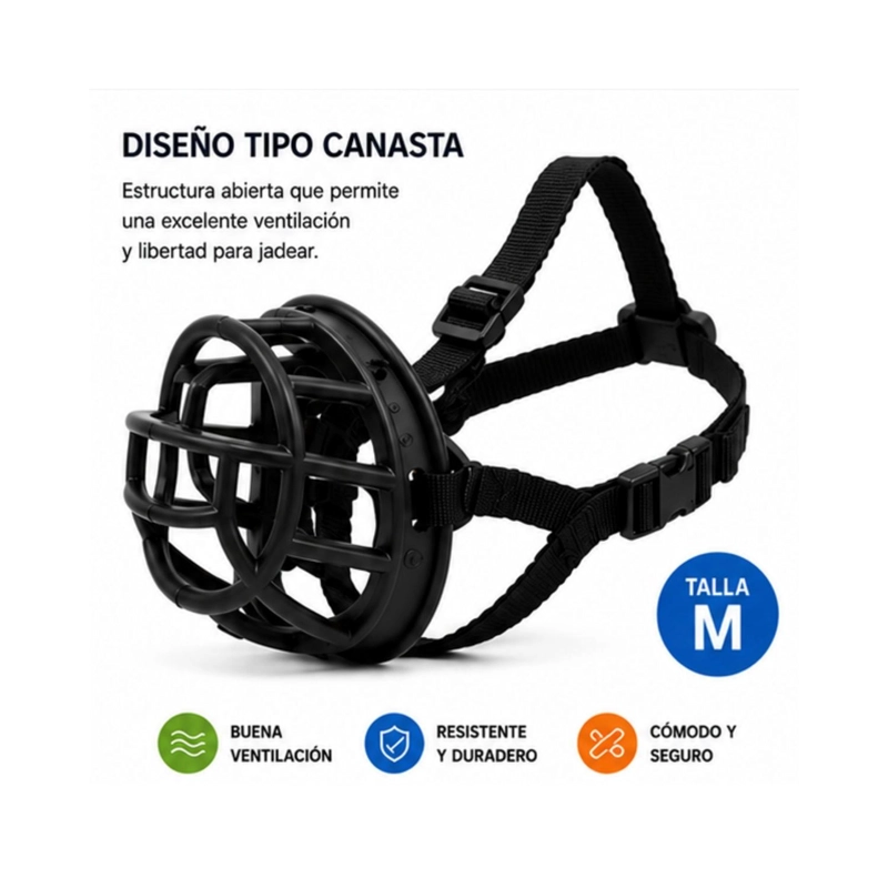 BOZAL CANASTA PERRO M NEGRO AJUSTABLE RAZAS MEDIANAS - 5