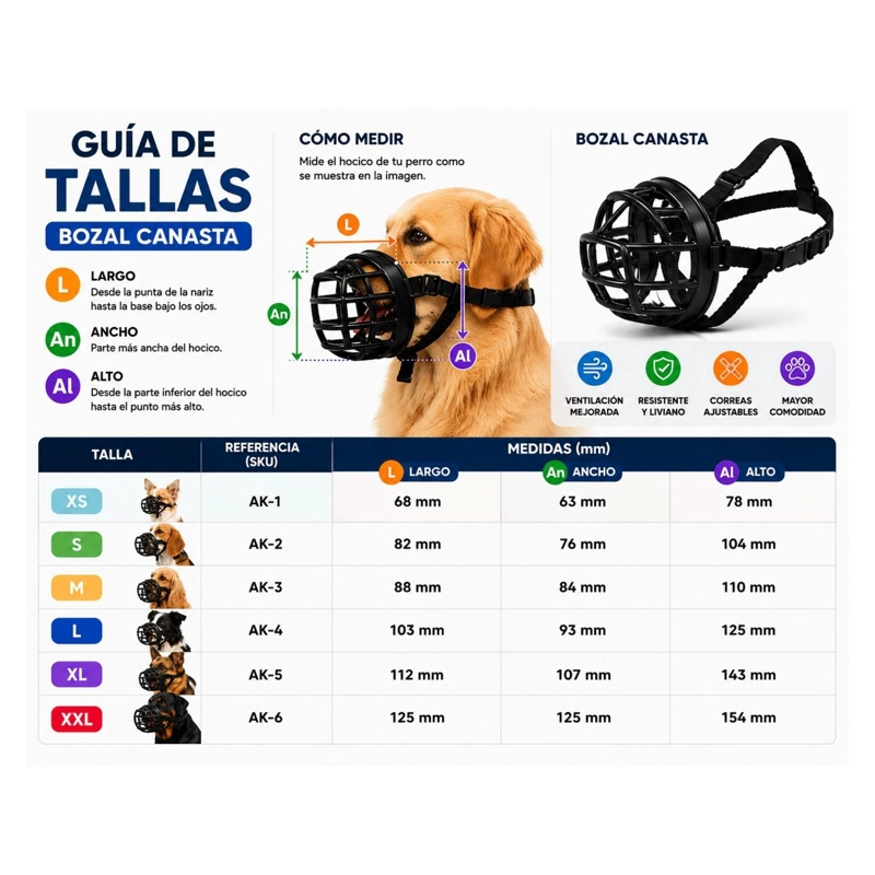 BOZAL CANASTA PERRO XXL NEGRO AJUSTABLE RAZAS GRANDES - 6