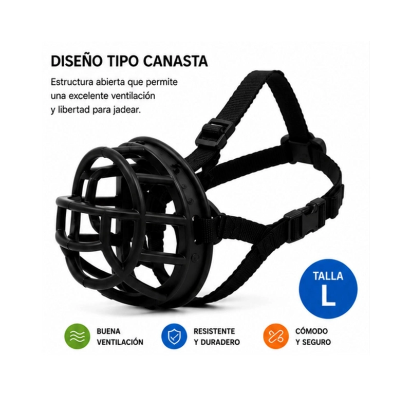 BOZAL CANASTA PERRO L NEGRO AJUSTABLE RAZAS MEDIANAS - 5
