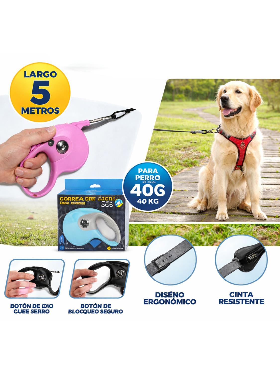 CORREA RETRACTIL PARA PERROS 5MT HASTA 40KG - 3