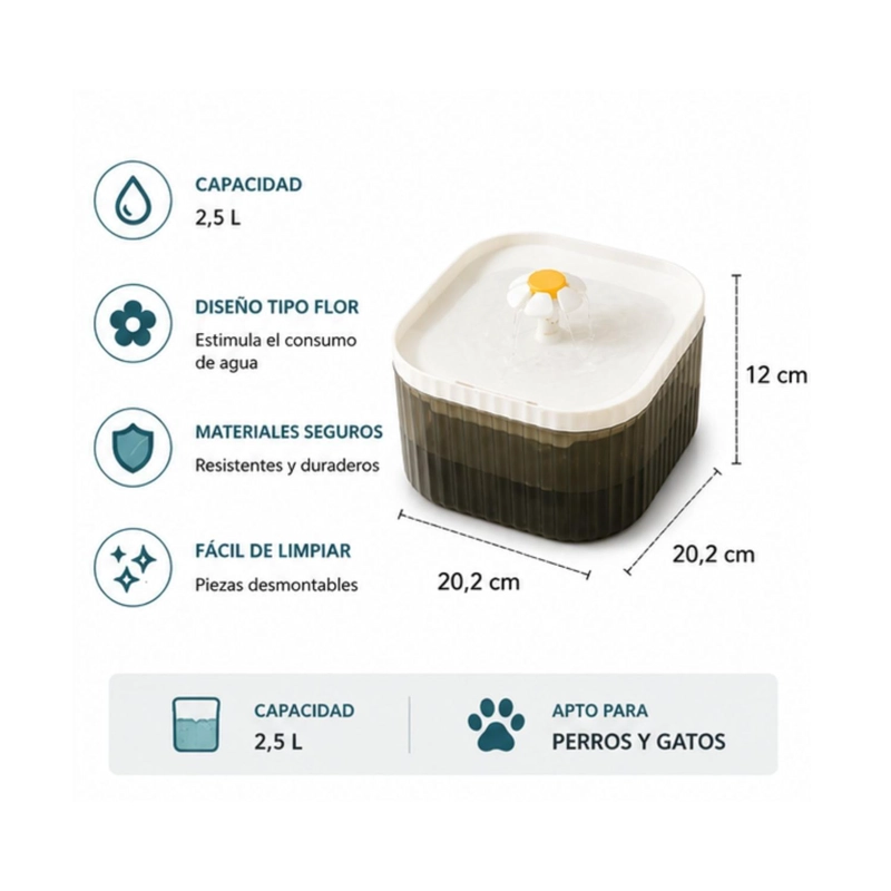 DISPENSADOR AGUA FLOR 2,5 L PERRO GATO FUENTE BEBEDERO - 5