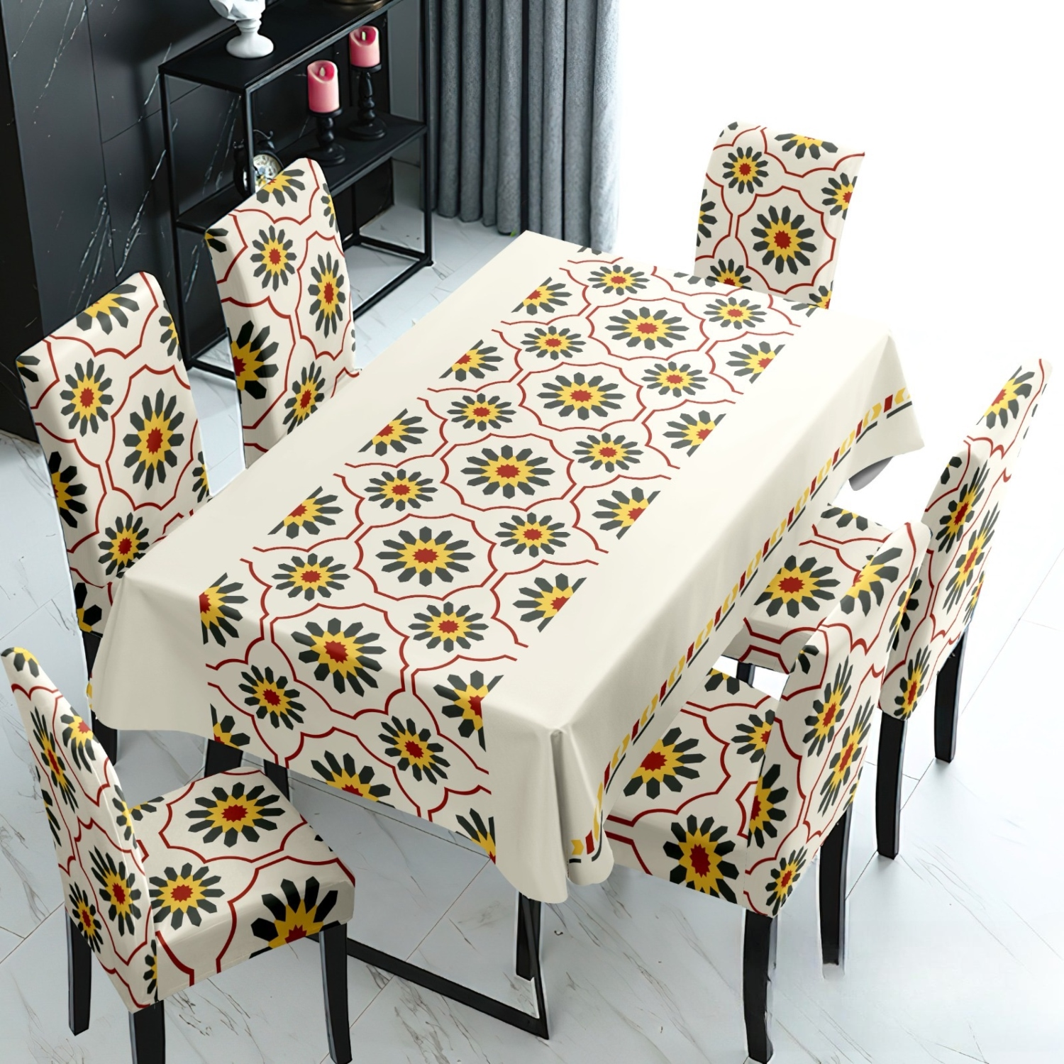 MANTEL CON 6 FUNDAS DE SILLAS ELASTICADAS - 1