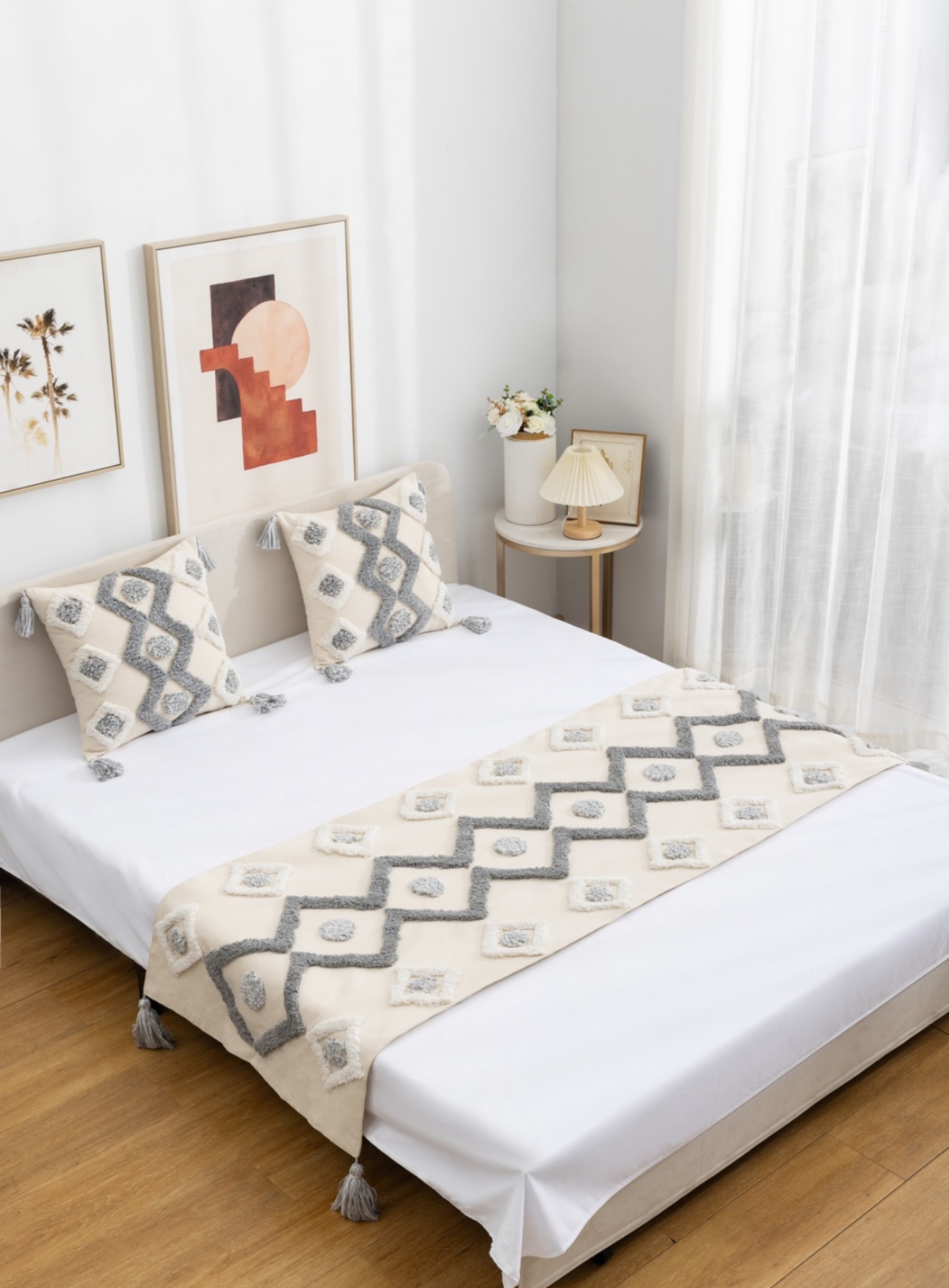 JUEGO PIECERA 210 X 70 CM GRIS + 2 FUNDAS BOHO ELEGANTES - 3