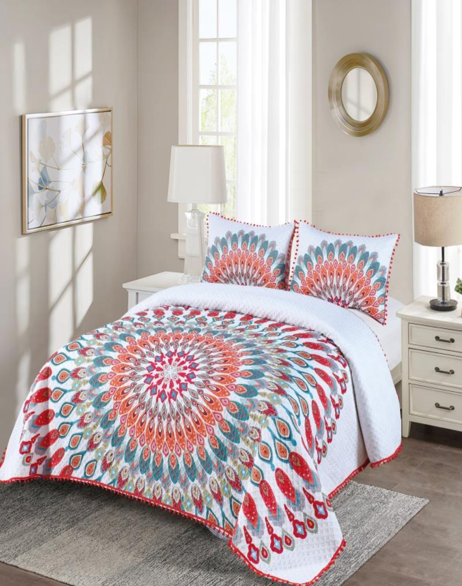 CUBRECAMA 2 PLAZAS ALGODÓN MULTICOLOR LIGERO VERANO CON POMPONES ELEGANTES - 2