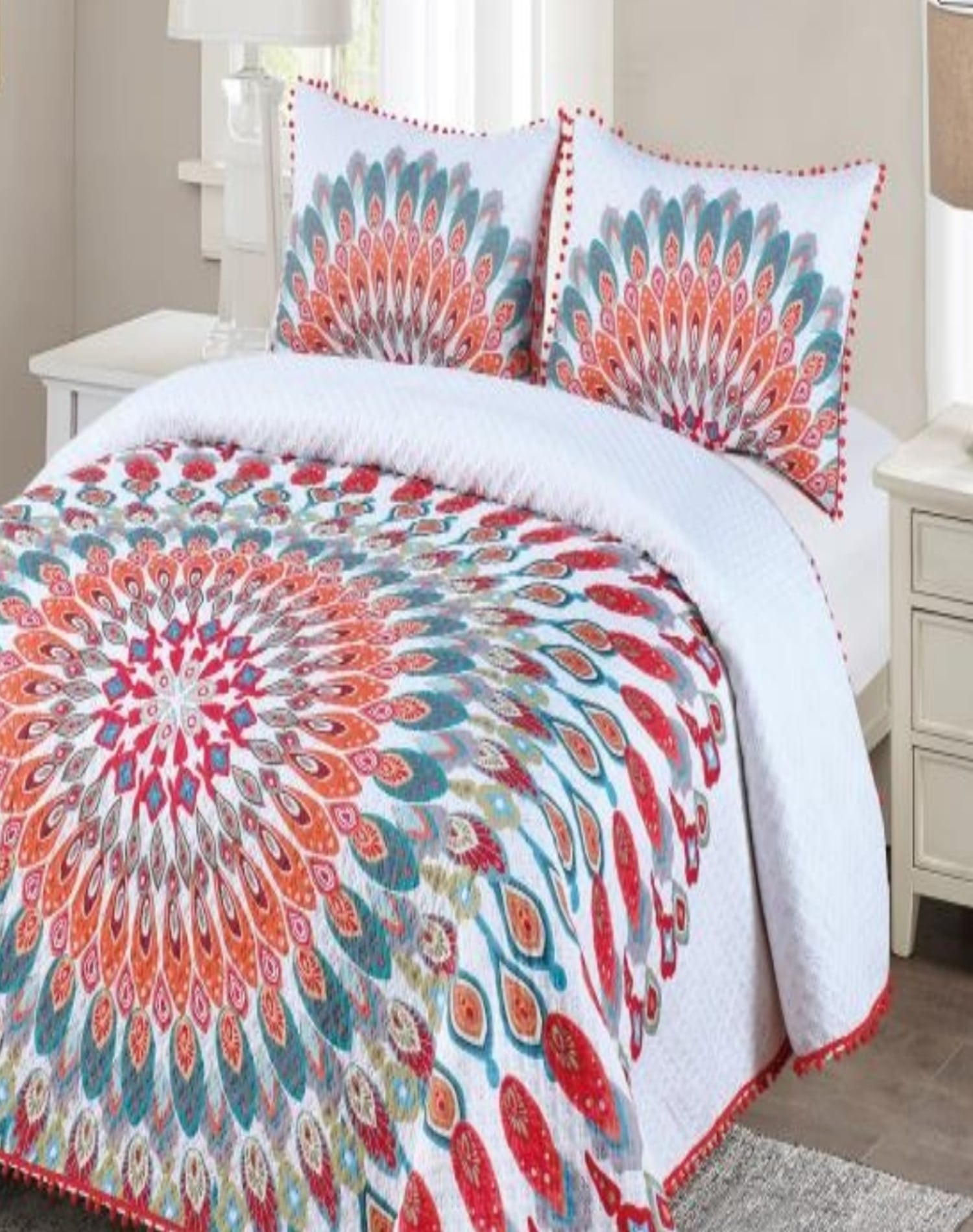 CUBRECAMA 2 PLAZAS ALGODÓN MULTICOLOR LIGERO VERANO CON POMPONES ELEGANTES - 3