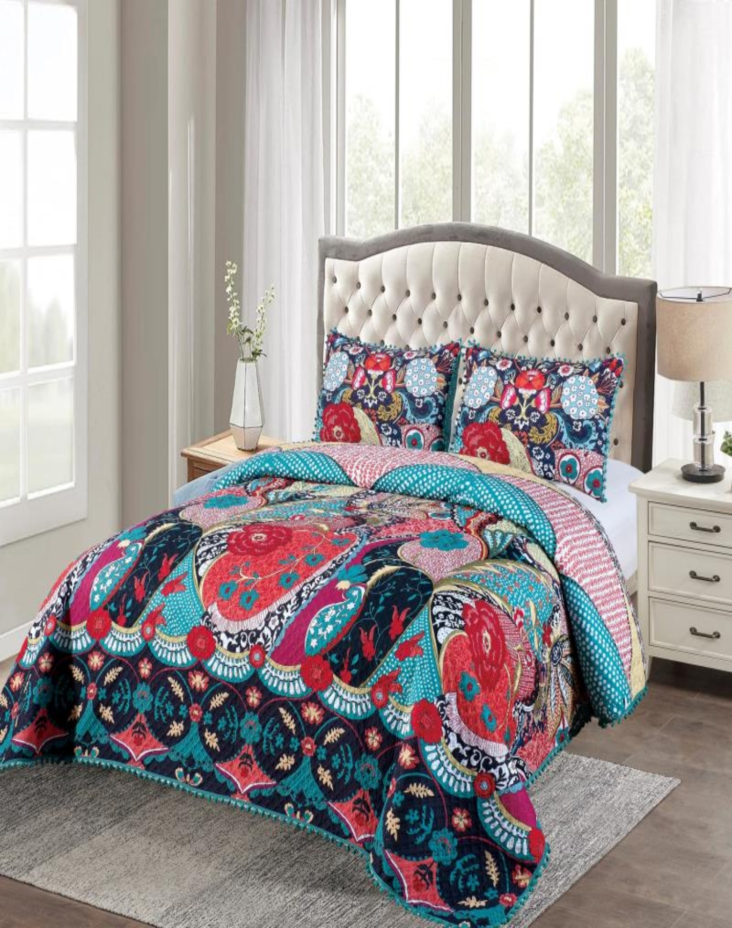 CUBRECAMA 2 PLAZAS ALGODÓN MULTICOLOR LIGERO VERANO CON POMPONES ELEGANTES - 2