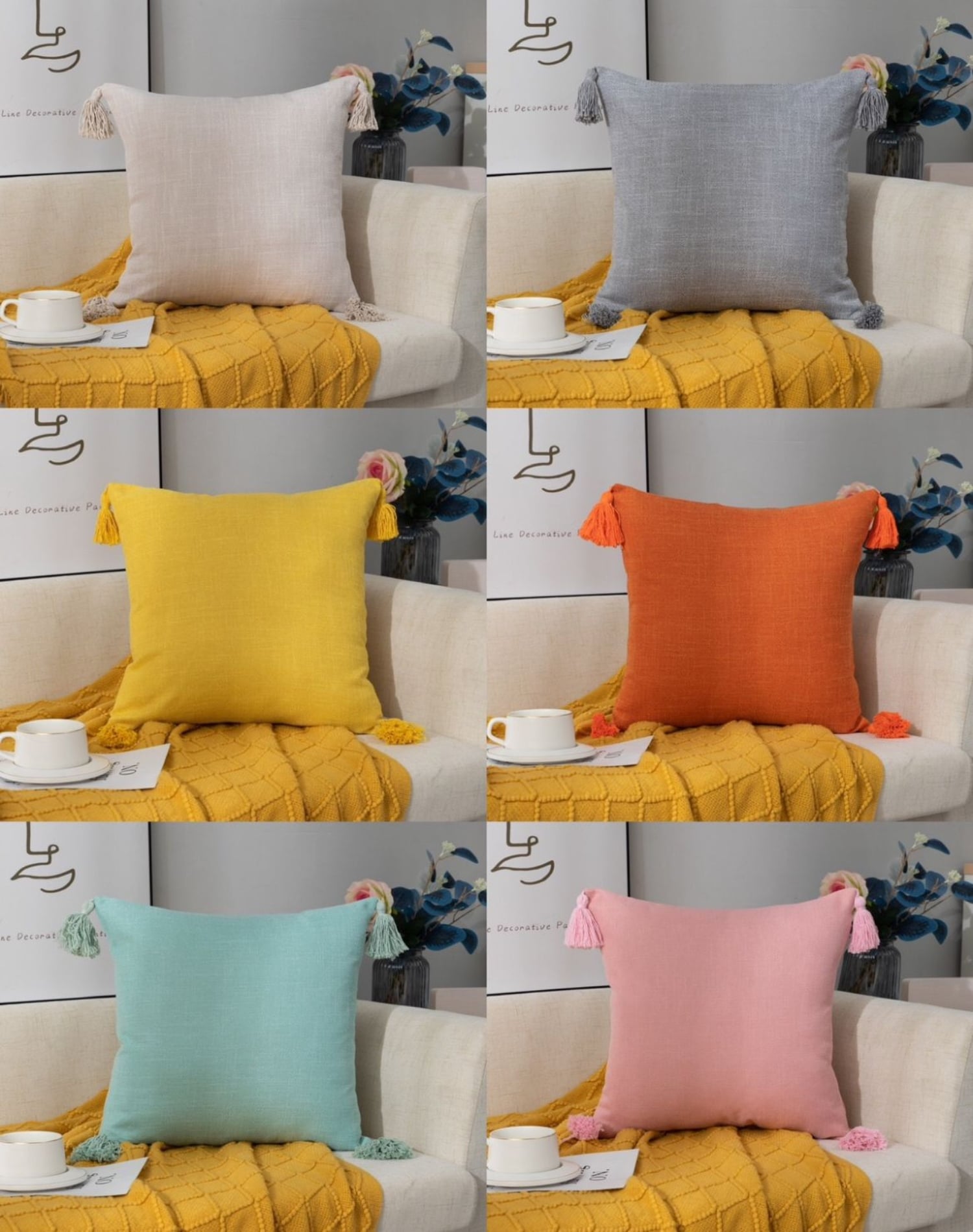 FUNDA COJÍN PAR LINO CON POMPONES NARANJA - 3