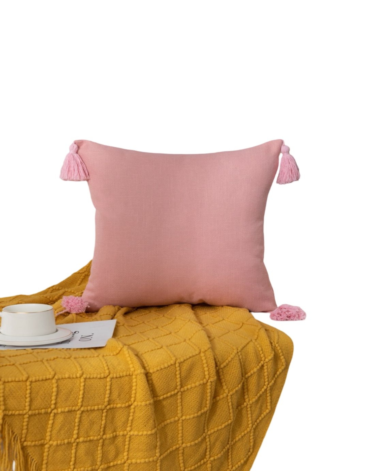 FUNDA COJÍN PAR LINO CON POMPONES ROSA - 2
