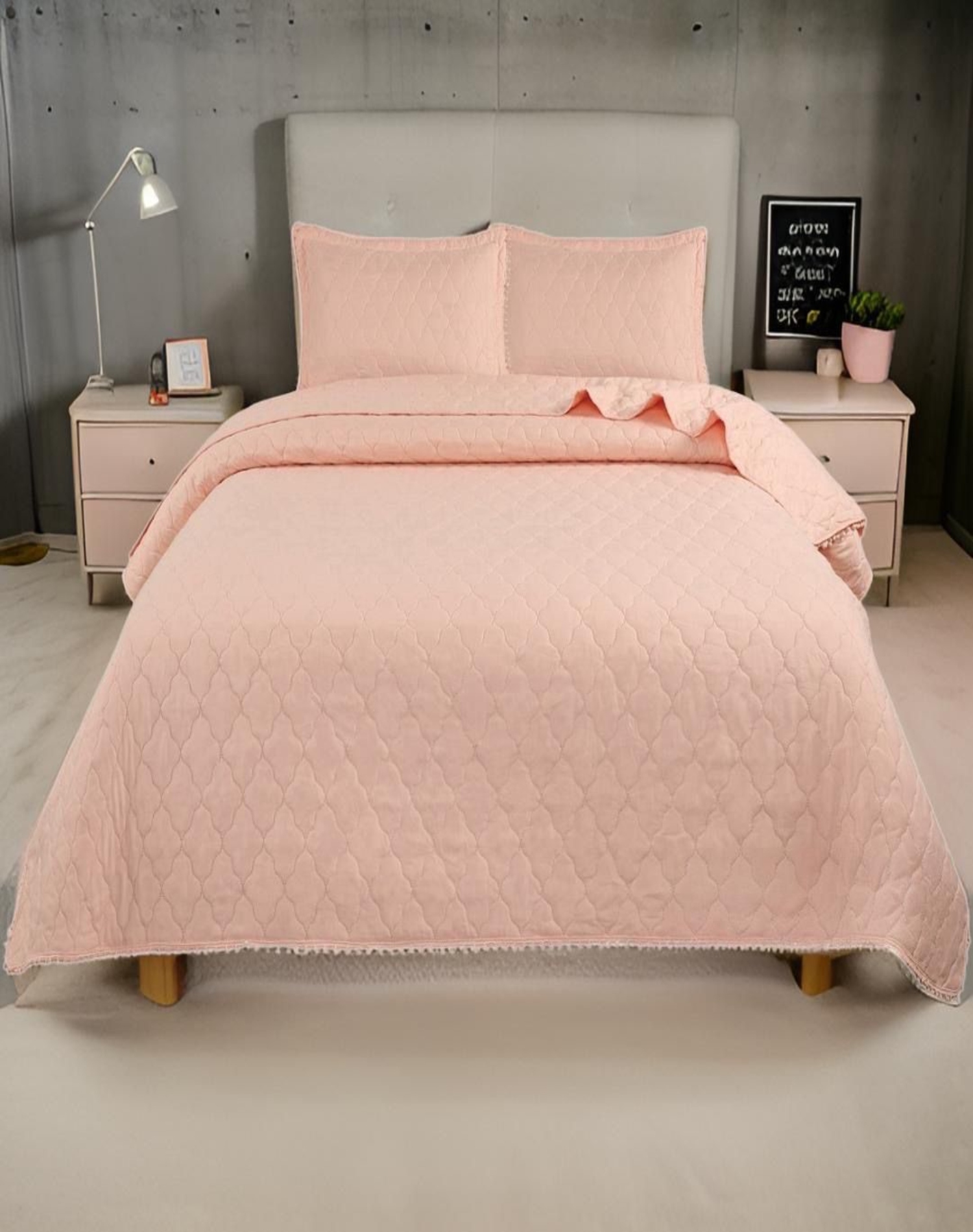 QUILT SALMON VERANO PRIMAVERA CUBRECAMA KING CON POMPONES B9 - 3