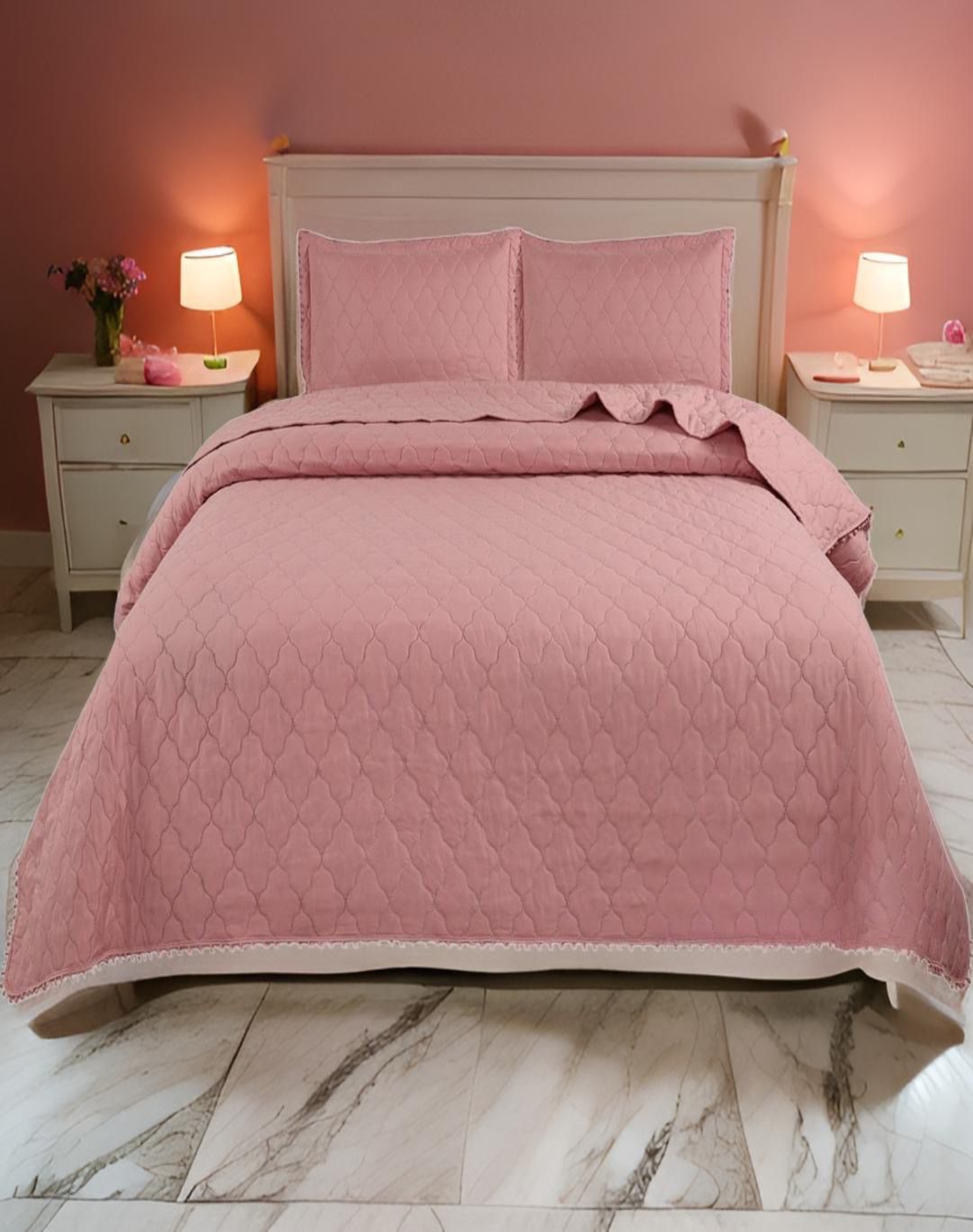 QUILT ROSA VERANO PRIMAVERA CUBRECAMA KING CON POMPONES B6 - 3