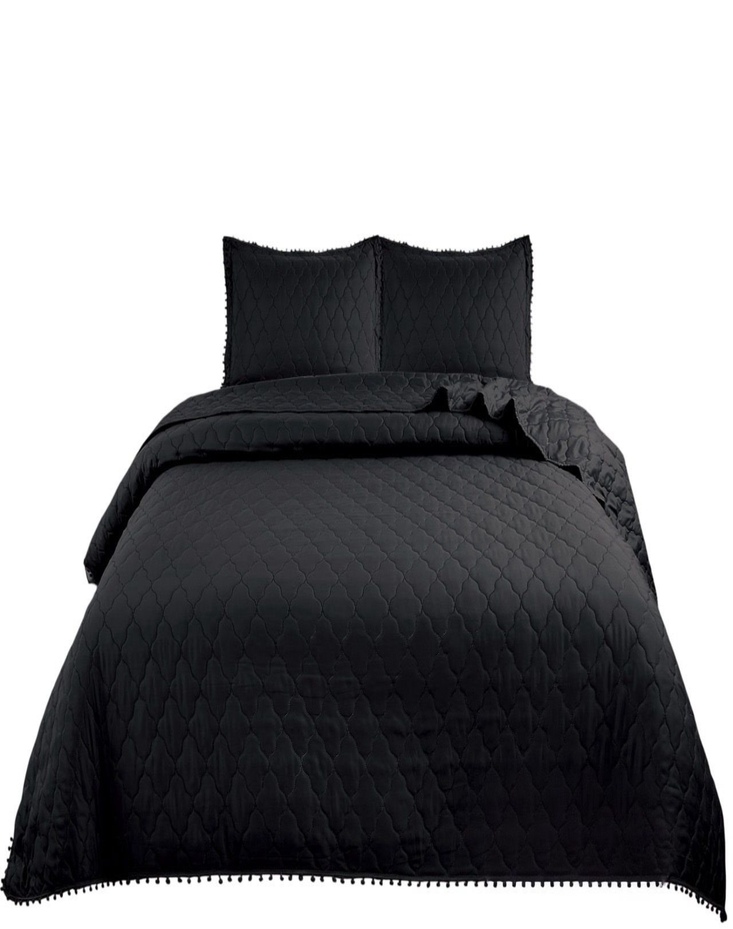 QUILT NEGRO CUBRECAMA PLAZA Y MEDIA CON POMPONES B3 - 1