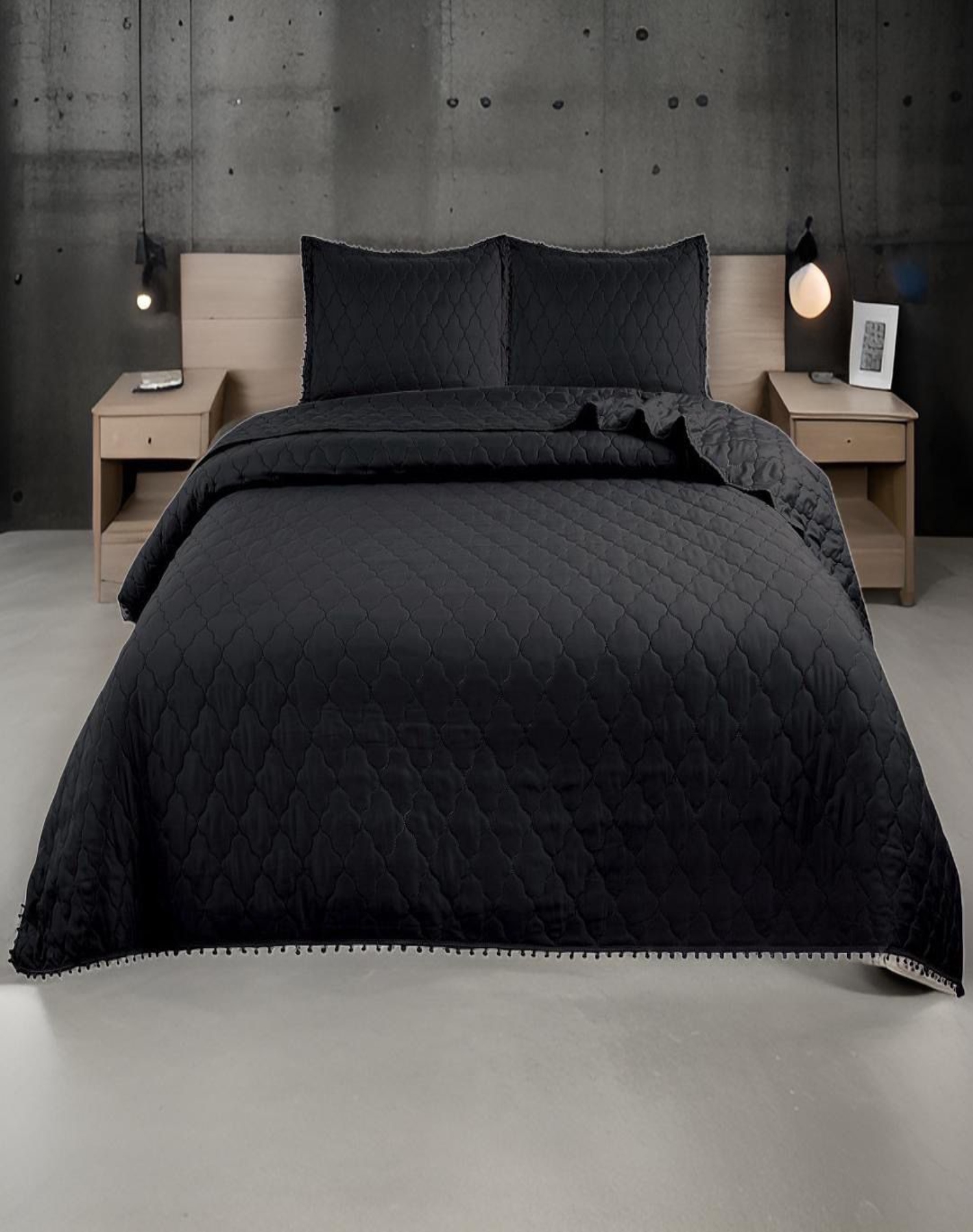 QUILT NEGRO CUBRECAMA PLAZA Y MEDIA CON POMPONES B3 - 3