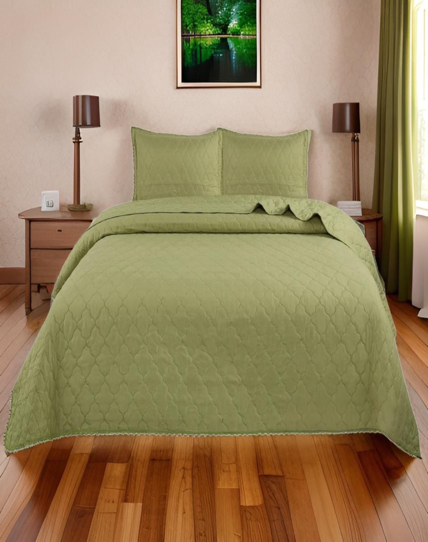 QUILT 2 PLAZAS VERDE CUBRECAMA CON POMPONES B2 - 3