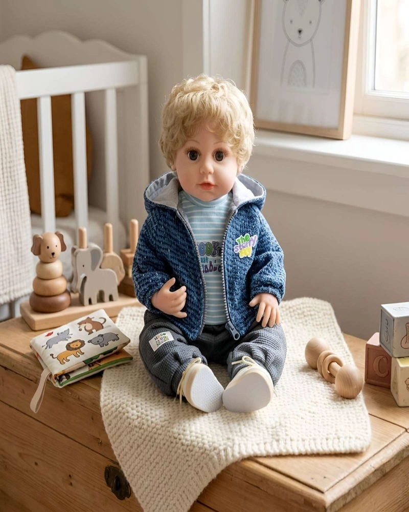 MUÑECO REBORN REALISTA PARA NIÑOS CON CONJUNTO AZUL MELANGE Y CAPUCHA - 3