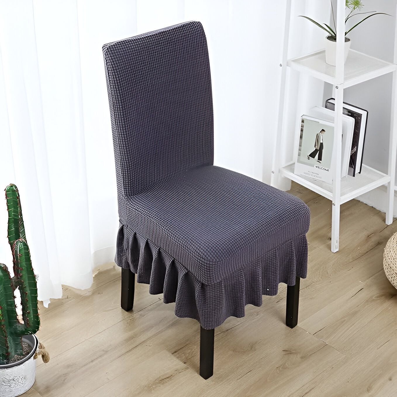 FUNDA SET 6 SILLA CUADRILLE CON FALDON OSCURO GRIS - 2