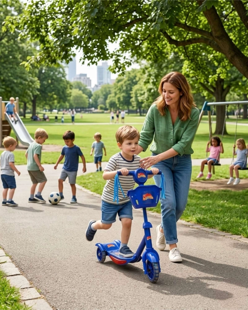 MONOPATIN SCOOTER INFANTIL CON CANASTO Y LUCES 3 RUEDAS AZUL - 2