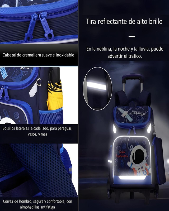 MOCHILA ESCOLAR CON RUEDAS PARA NIÑOS BOLSO AZUL CON AMARILLO - 6