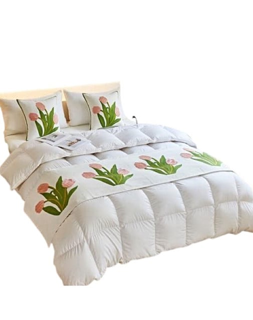 JUEGO DE PIECERA DE CAMA CON 2 COJINES COMPLETOS CON BORDADO T02 - 1
