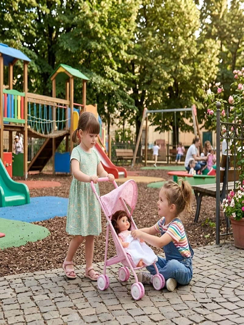 MUÑECA INTERACTIVA CON COCHE DE PASEO PLEGABLE - 7