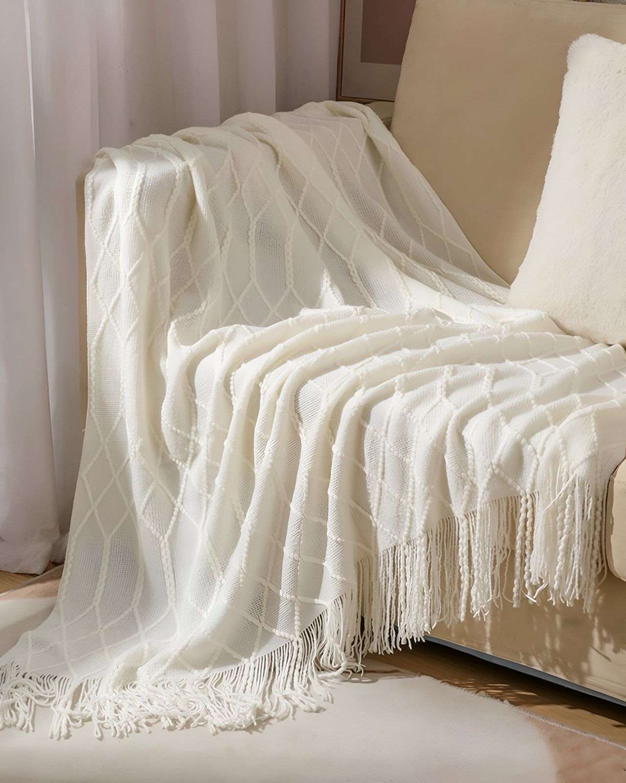 MANTAS PARA SOFAS CAMAS U OFICINAS CON FLECOS 127X152 CM BLANCO - 4