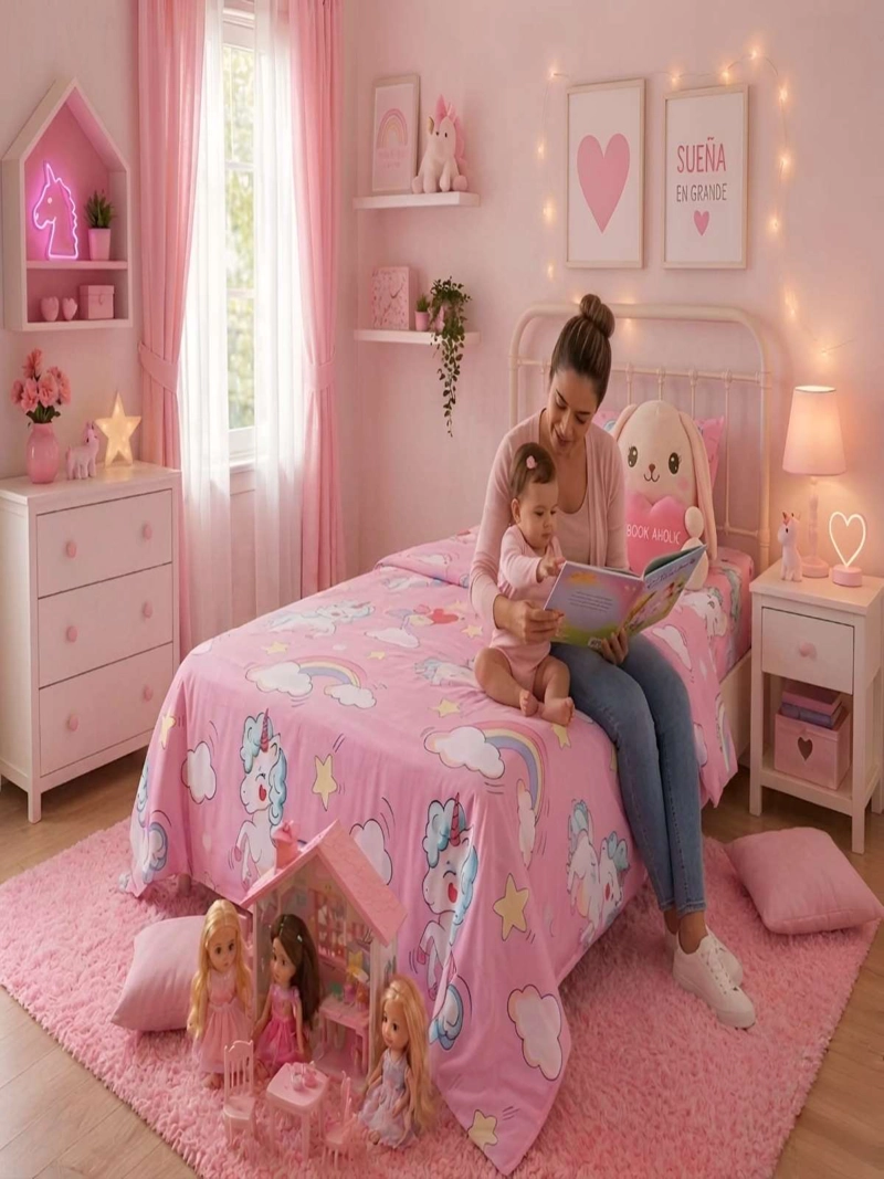 SABANAS INFANTILES  1,5 PLAZAS DISEÑO UNICORNIO ROSADO ULTRA SUAVE - 1