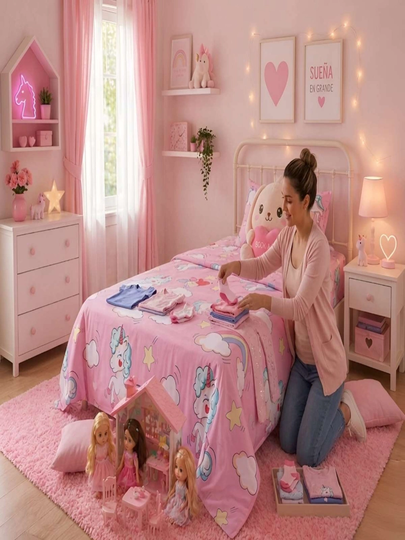 SABANAS INFANTILES  1,5 PLAZAS DISEÑO UNICORNIO ROSADO ULTRA SUAVE - 4