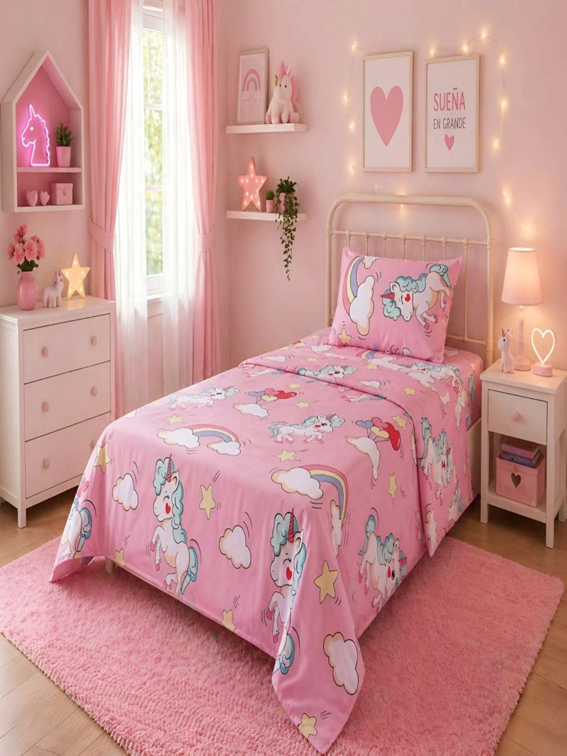 SABANAS INFANTILES  1 PLAZA DISEÑO UNICORNIO ROSADO ULTRA SUAVE - 2