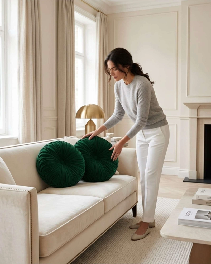 SET DE 2 COJINES REDONDOS TERCIOPELO PLIEGLES ELEGANTES - 1