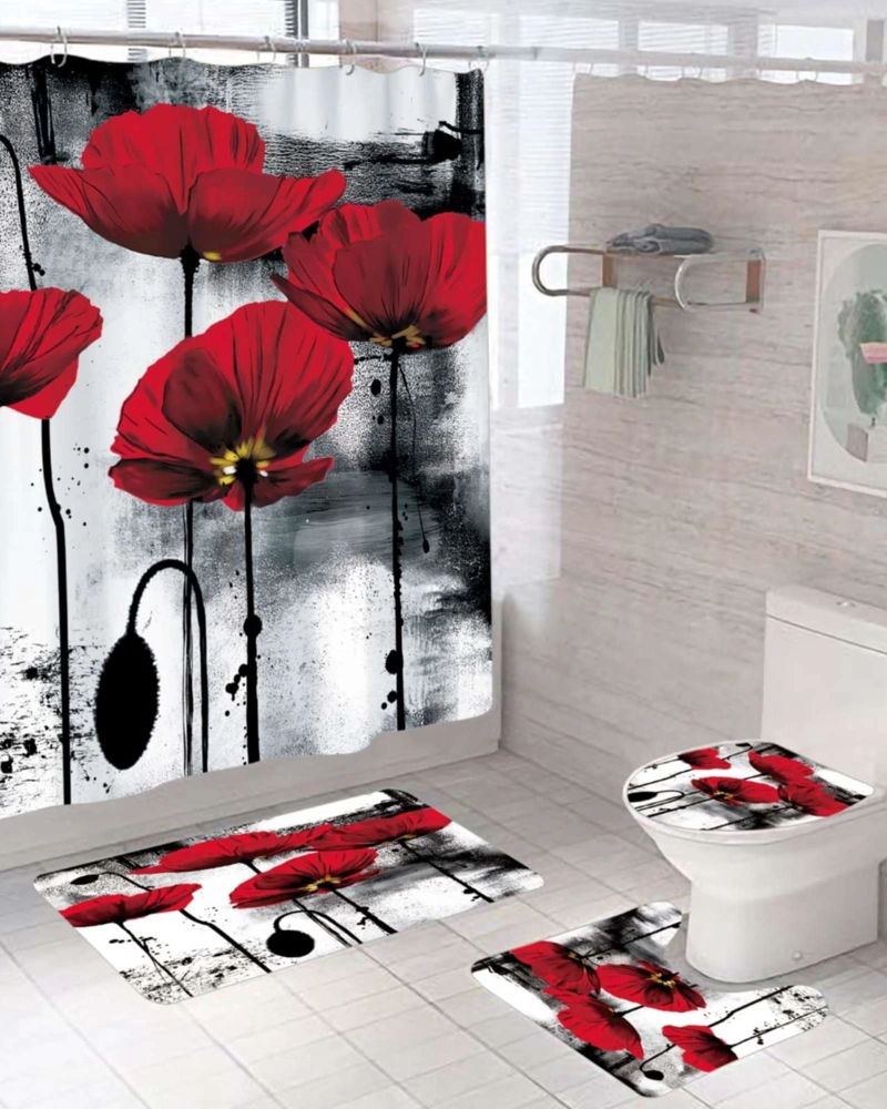 SET DE BAÑO 5 PIEZAS CORTINA MAS ALFOMBRAS MAS FORRO DE DUCHA - 2