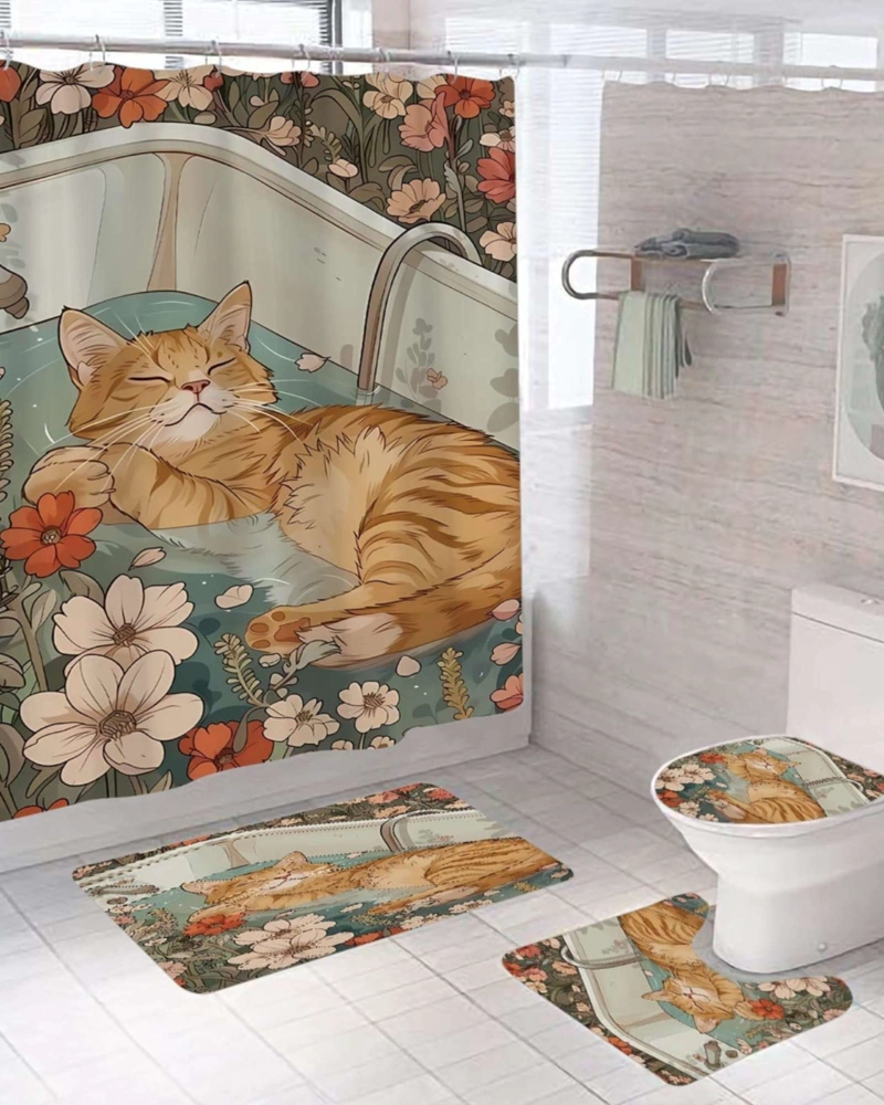 SET DE BAÑO 5 PIEZAS CORTINA MAS ALFOMBRAS MAS FORRO DE DUCHA - 2