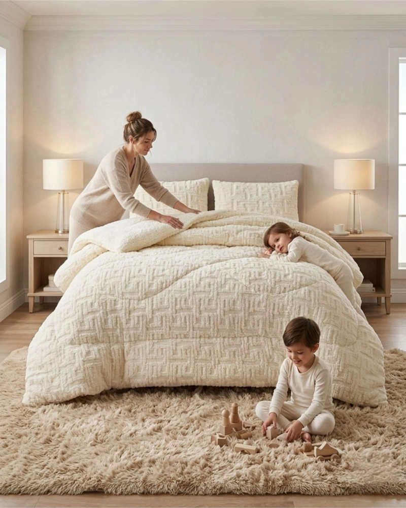 CUBRECAMA PLUMON TEXTURIZADO KING CON FUNDAS DISEÑO GEOME TRICO CUBOS - 4