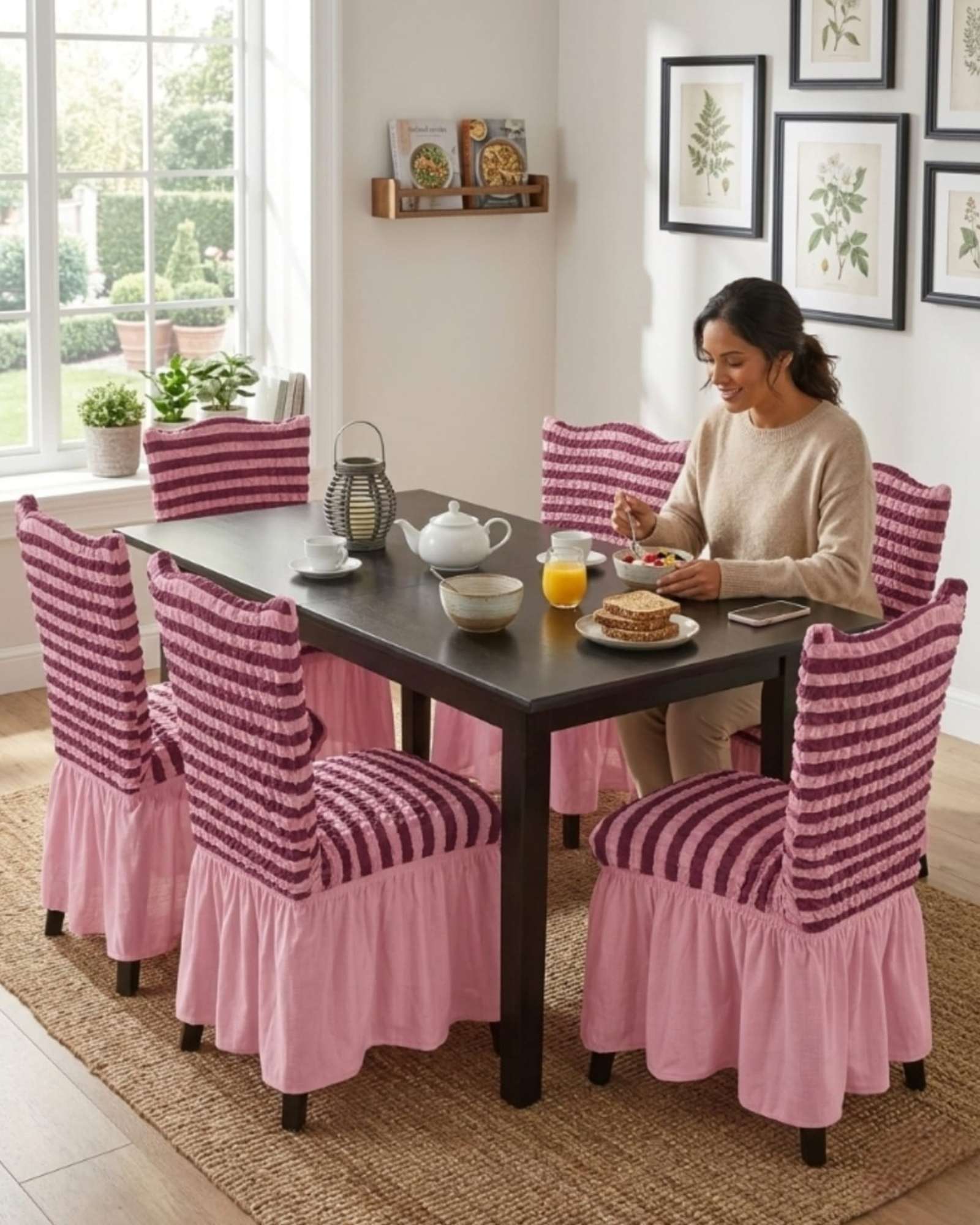 SET DE 6 FUNDAS TURKAS CON FALDA PARA SILLAS CON DISEÑO DE LINEAS - 1