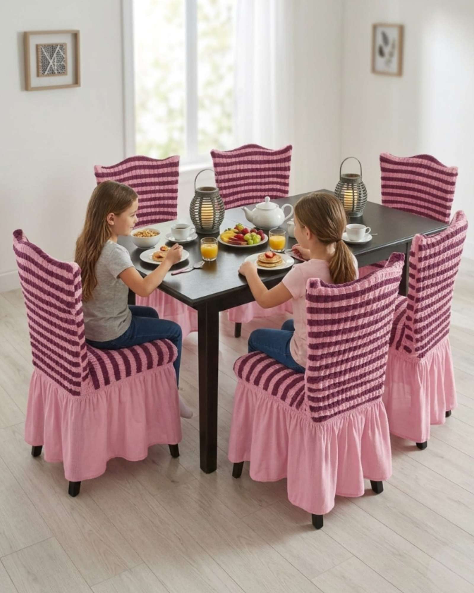 SET DE 6 FUNDAS TURKAS CON FALDA PARA SILLAS CON DISEÑO DE LINEAS - 5